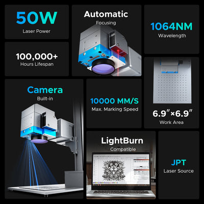 OMTech 50W Split Fiber Laser Engraving Machine with 6.9'' X 6.9'' Working Area, Autofocus and Built-in Camera