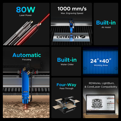 OMTech Pro 2440, 80W AND 100W CO2 Laser Engraver CUTTING MACHINE WITH AUTOFOCUS and Built-in Water Chiller