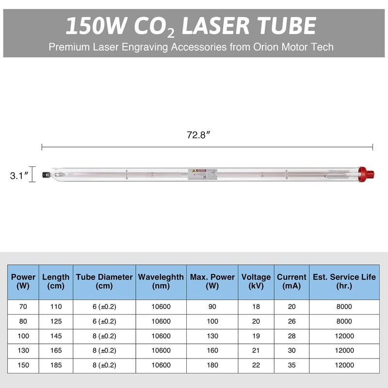 12000hr Service Life A8S CO2 Laser Tube Capacity