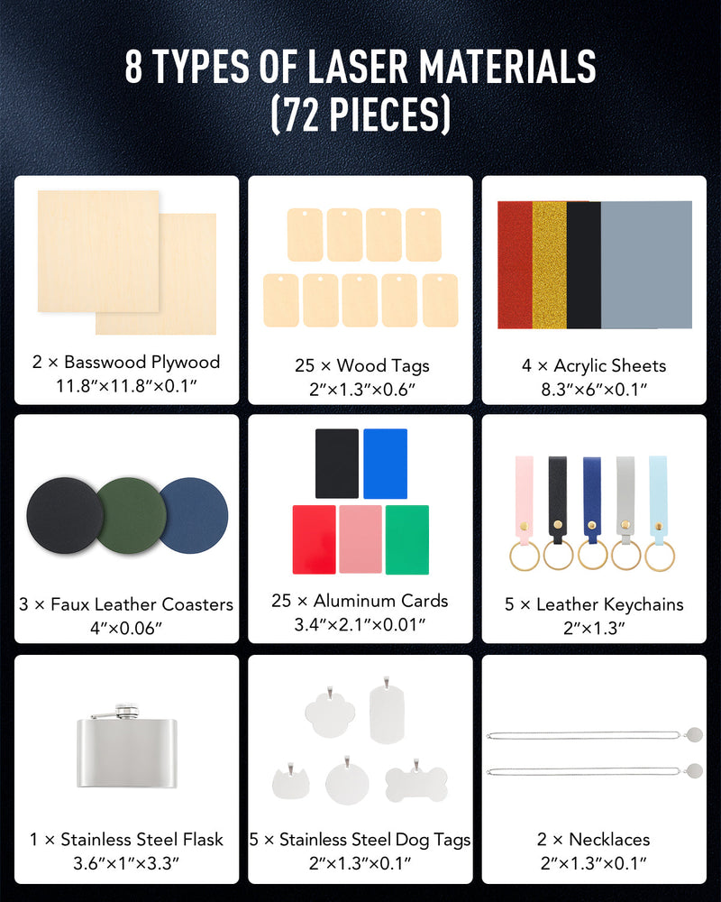 Laser Material Kit 72pcs for Laser Engravers and Cutters DIY Crafting